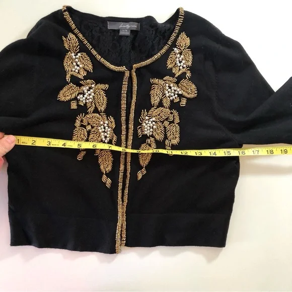 Twenty One Black Beaded Cardigan Sweater Women’s L Gold Beads Pearls Lace Lining - Picture 11 of 15